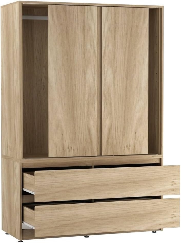 Oak Sliding Door Wardrobe with 4 Drawers & Hanging Rail – Space Saving