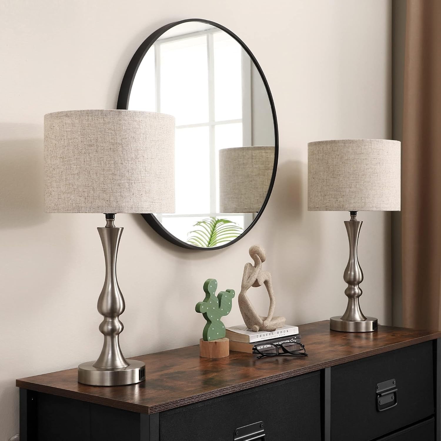 Dimmable Touch Table Lamps Set of 2 USB Charging Beige Linen Shade