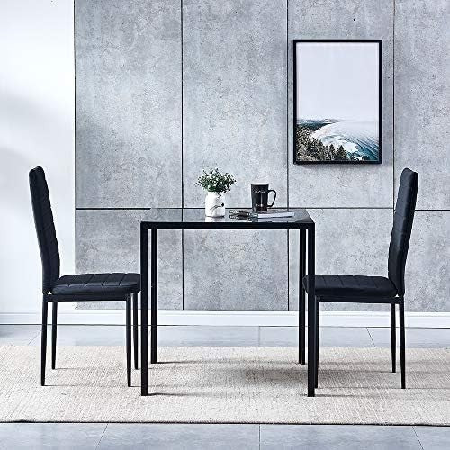 Black 3-Piece Glass Dining Set with 2 Velvet Chairs for Small Kitchen