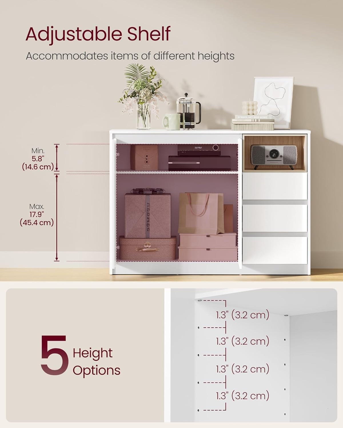 White 2 Door Sideboard with 3 Drawers & Adjustable Shelf | Storage Cabinet