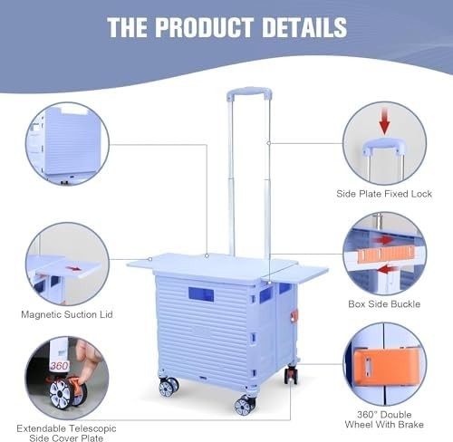 Folding Shopping Trolley 55kg Heavy Duty Cart 360° Wheels Adjustable Handle Blue