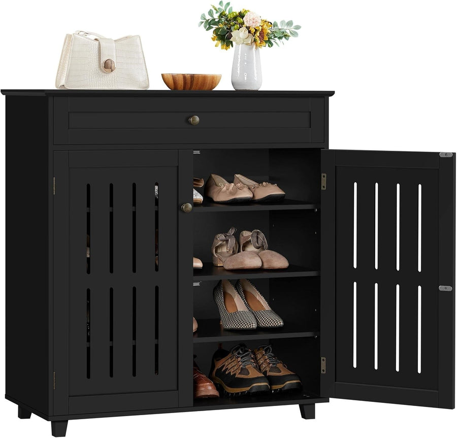 Black Modern Shoe Cabinet with Drawer & Adjustable Shelves – 4 Tier Storage