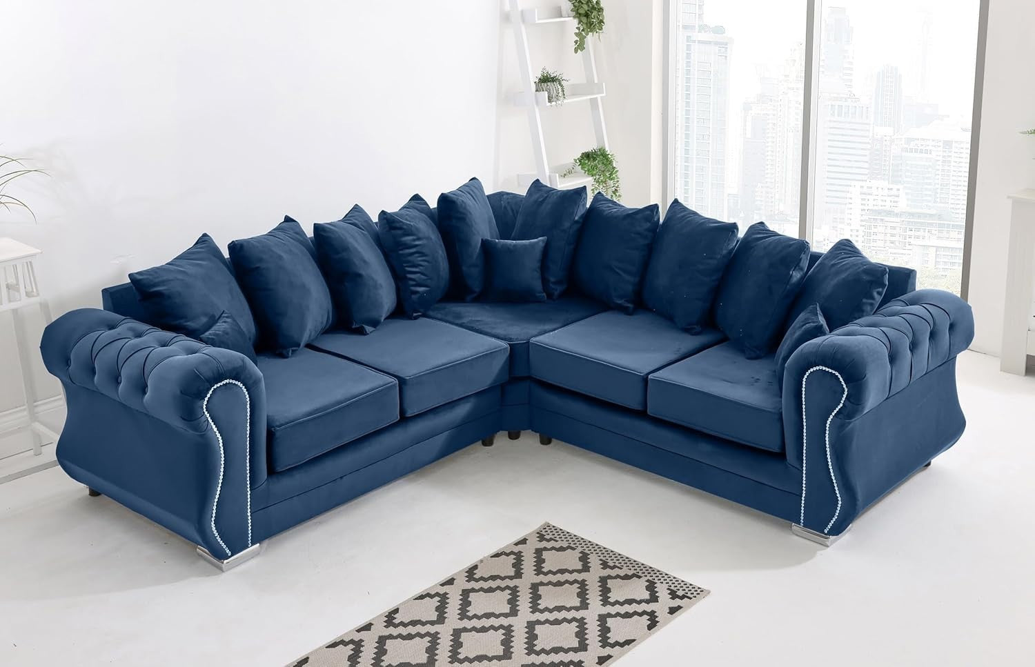 Blue Plush Velvet 5 Seater Corner Sofa with Foam Cushions & Scatterback