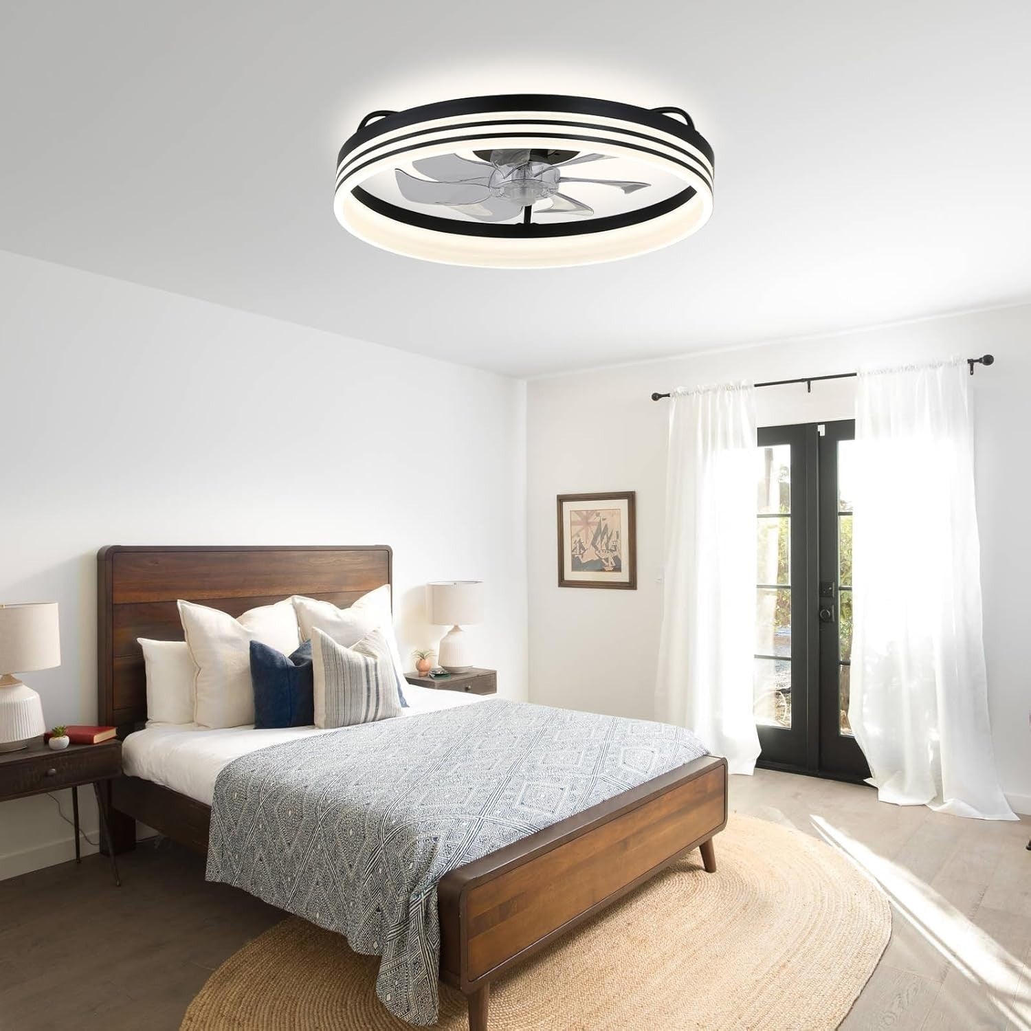 LED Ceiling Fan with Light, Dimmable, 6 Speeds, Modern, Black