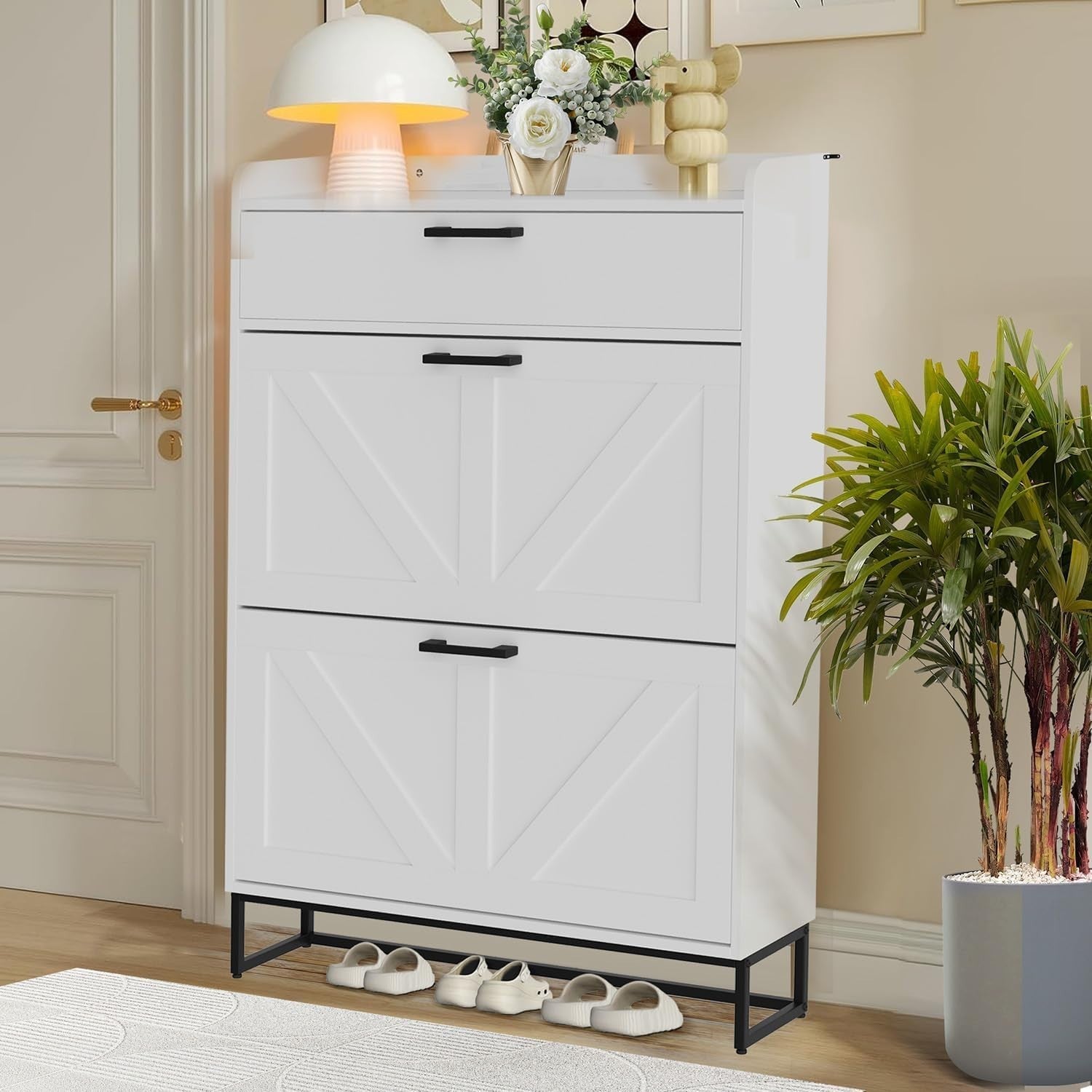 Narrow Shoe Cabinet with 3 Flip Drawers & Adjustable Shelves – Large Storage