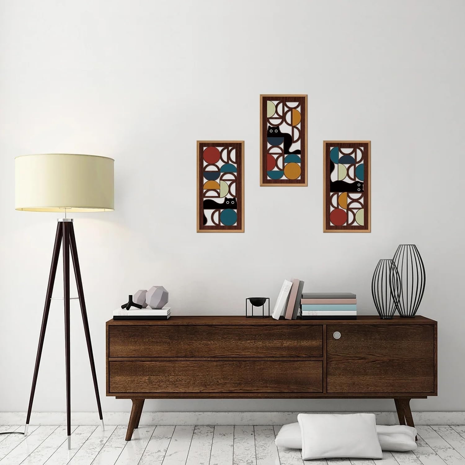 Boho Black Cat Wall Art Set of 3 Framed Geometric 20x40cm