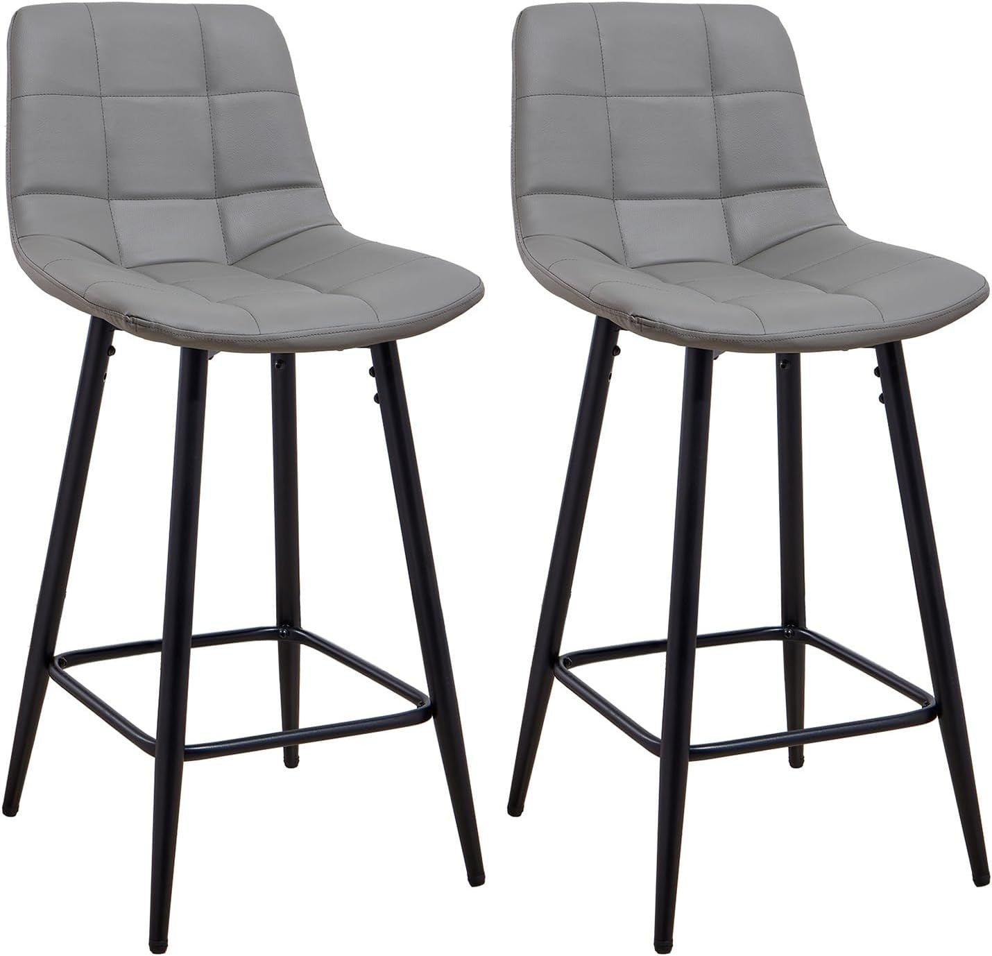 Grey Faux Leather Bar Stools Set of 2 – Fixed Height Kitchen Chairs