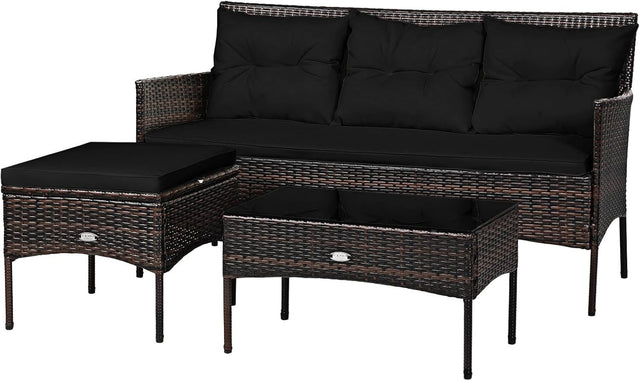 Black Rattan Corner Garden Sofa Set 4 Seater Patio Lounge Table Stool
