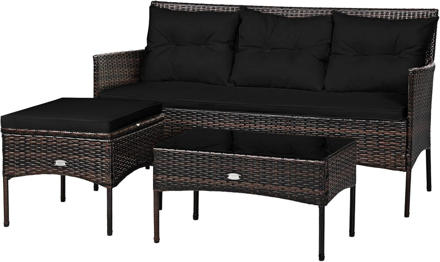 Black Rattan Corner Garden Sofa Set 4 Seater Patio Lounge Table Stool