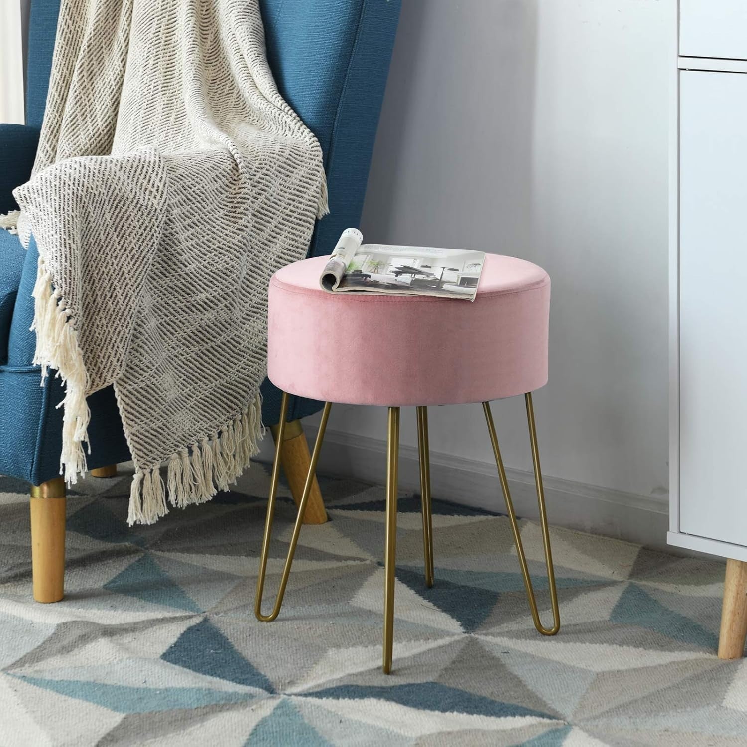 Pink Velvet Round Footstool Modern Dressing Table Stool with Metal Legs