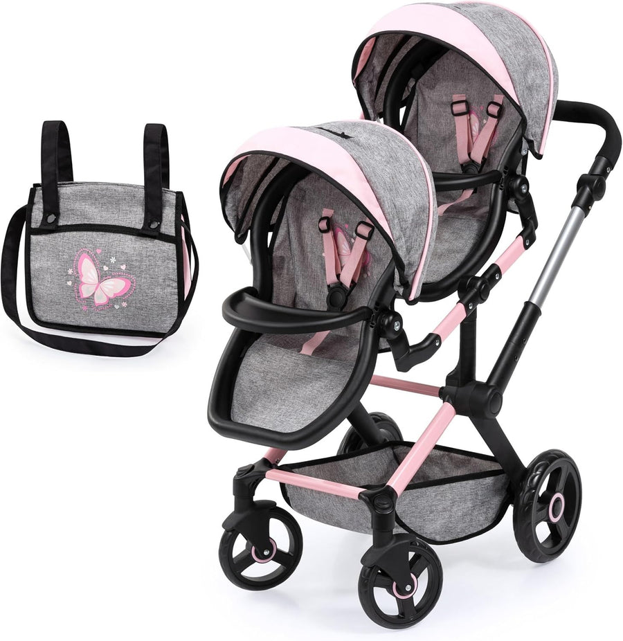 Double Dolls Pram Twin Pushchair Adjustable Handle Reversible Seats