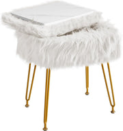 White Rectangular Faux Fur Vanity Stool with Storage & Gold Metal Legs