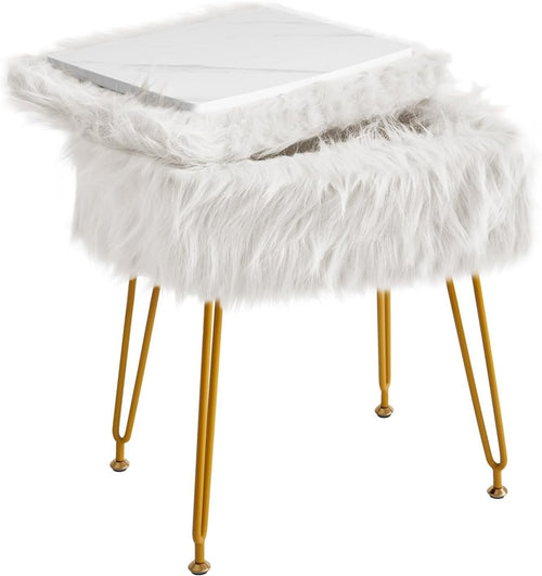 White Rectangular Faux Fur Vanity Stool with Storage & Gold Metal Legs