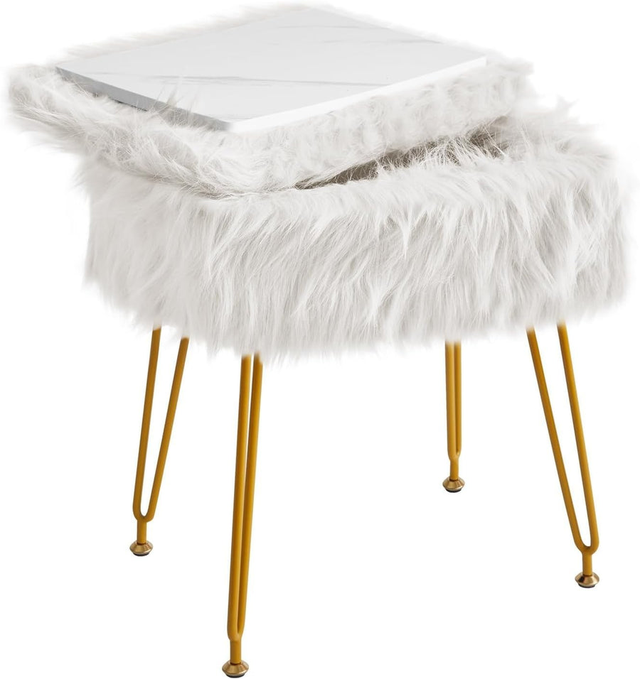 White Rectangular Faux Fur Vanity Stool with Storage & Gold Metal Legs
