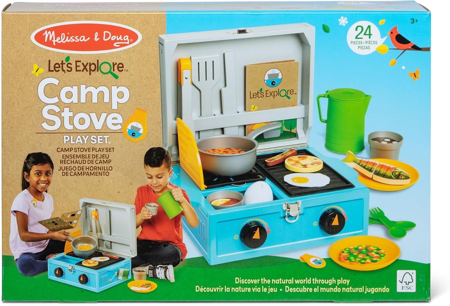 Kids Camping Stove Play Set Wooden Pretend Camp Cooking Toy 24PCS