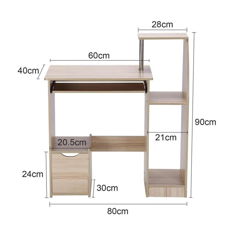 Compact Wooden Computer Desk 80cm with Keyboard Tray & Storage Shelves