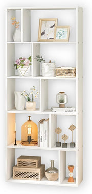 Tall 5-Tier White Bookshelf with 10 Compartments Modern Storage Display Unit