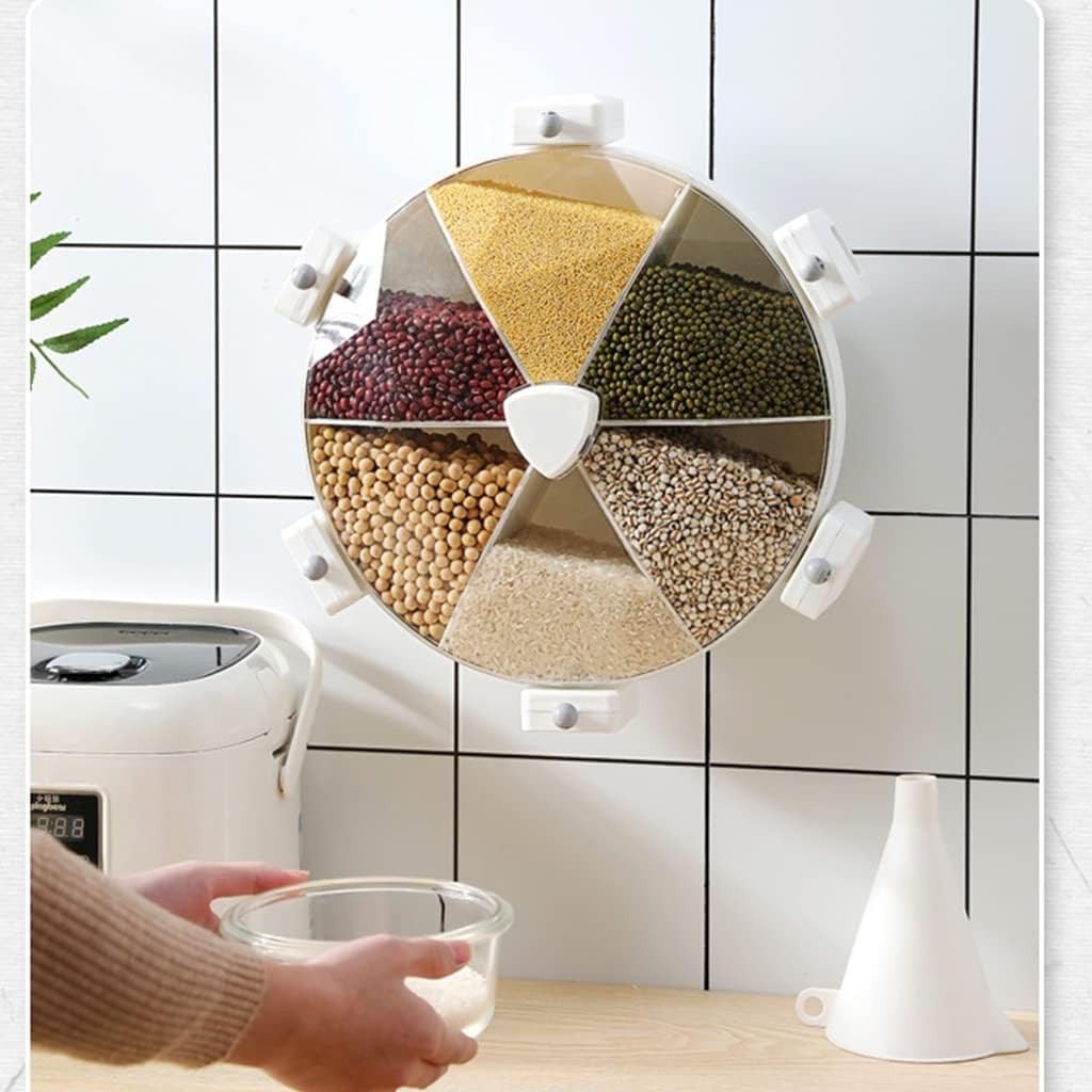 8.5L Wall Mounted Grain Dispenser 6 Grid Rotating Food Storage Box