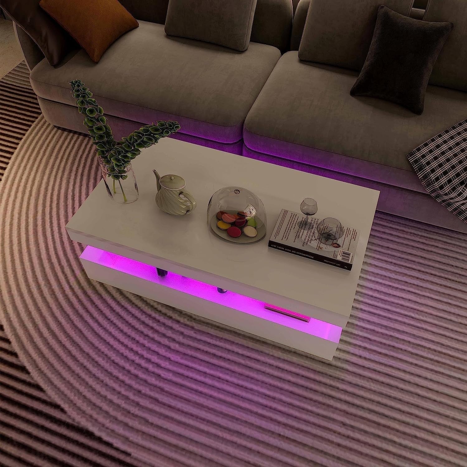 Modern White High Gloss Coffee Table with 16-Color LED Lights & Large Capacity
