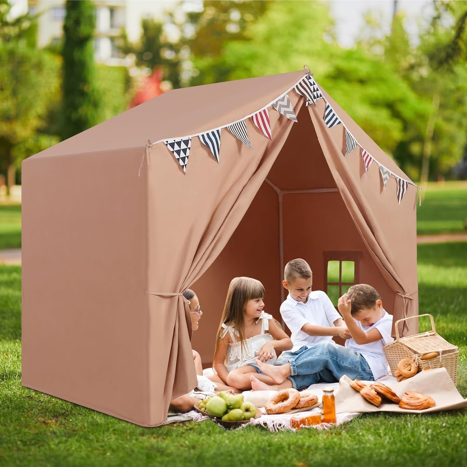 Large Kids Play Tent Indoor Outdoor Castle Bed Playhouse Brown