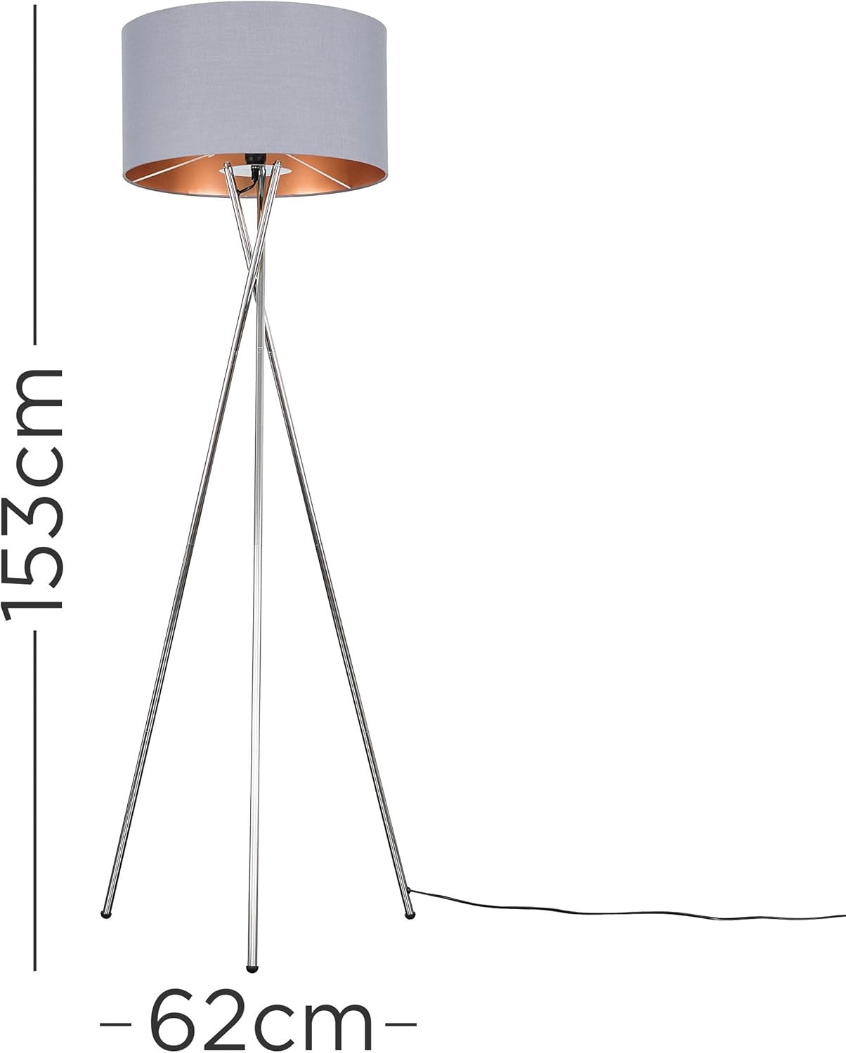 Chrome Tripod Floor Lamp Grey Copper Shade Modern Standing Light Living Room