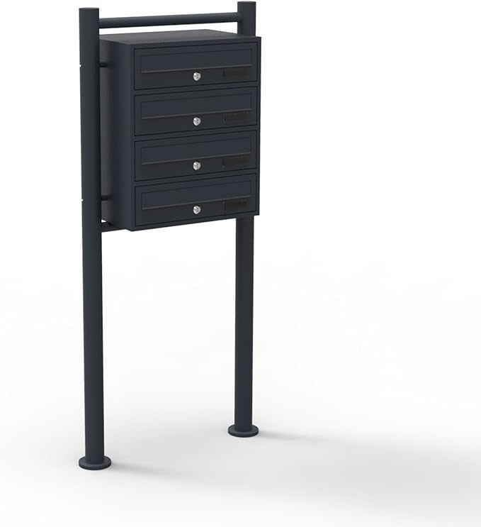 4 Door Black Letterbox System Outdoor Postbox Pillar Secure Mail Storage