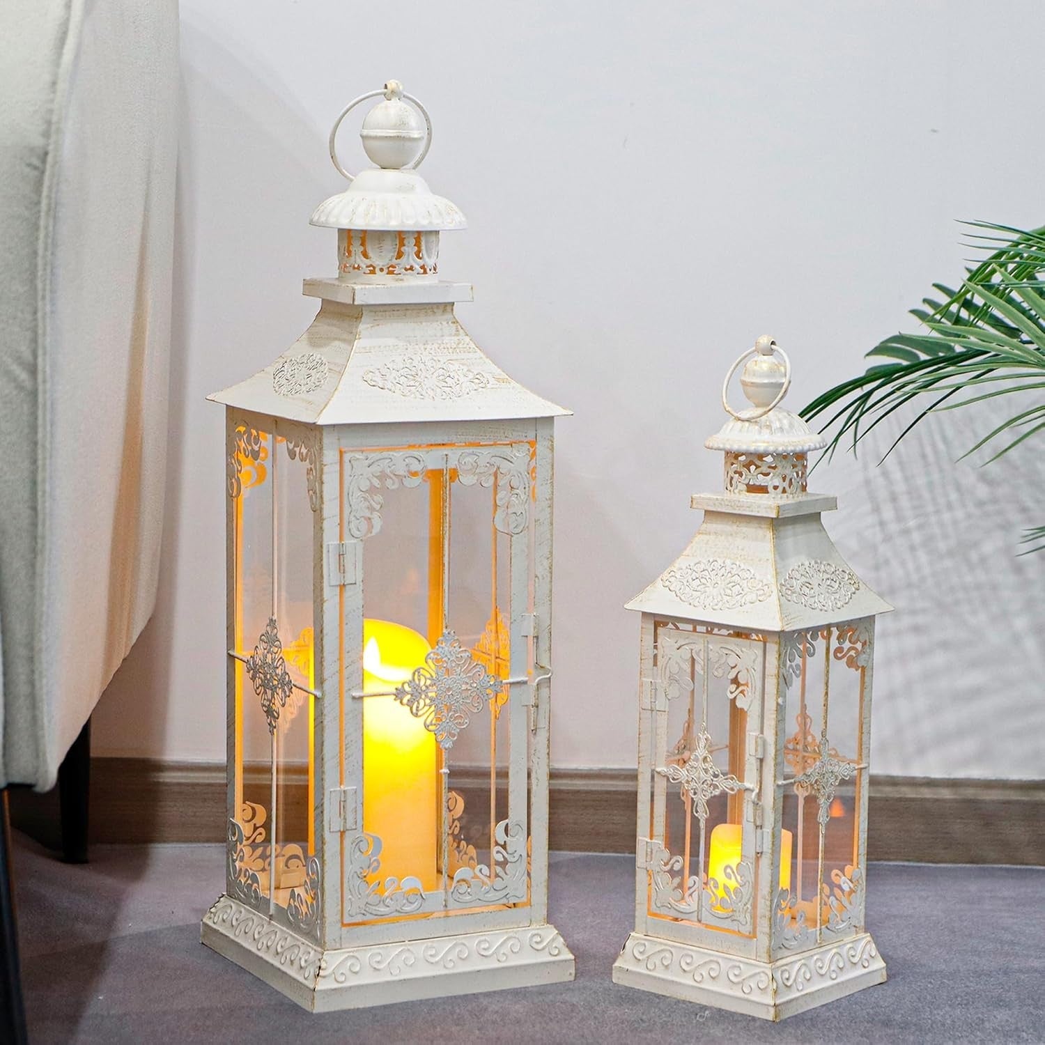 2 Pack White Gold Vintage Metal Candle Lanterns Indoor Outdoor