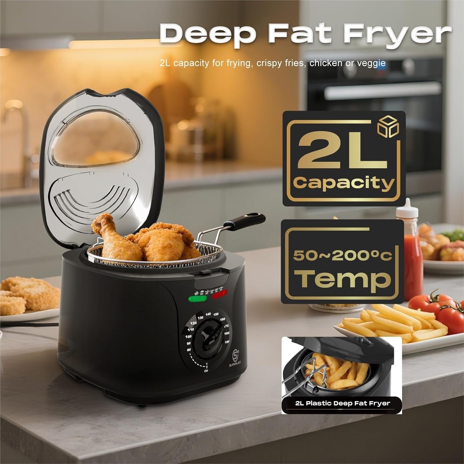 Electric Deep Fat Fryer 2L Mini 1300W Adjustable Temp Viewing Window Black
