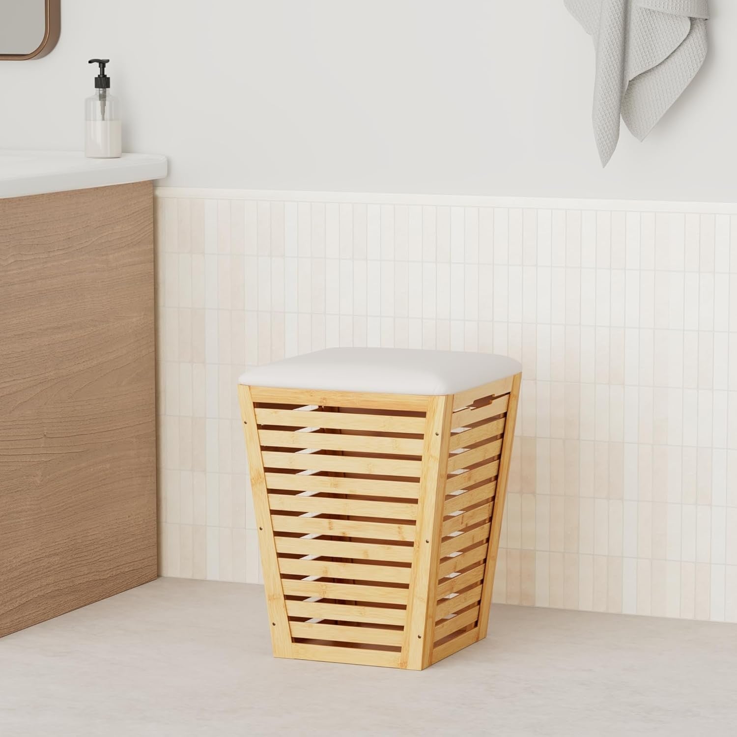 Bamboo Laundry Hamper with Seat Cushion 55L | Modern Ventilated Storage Basket