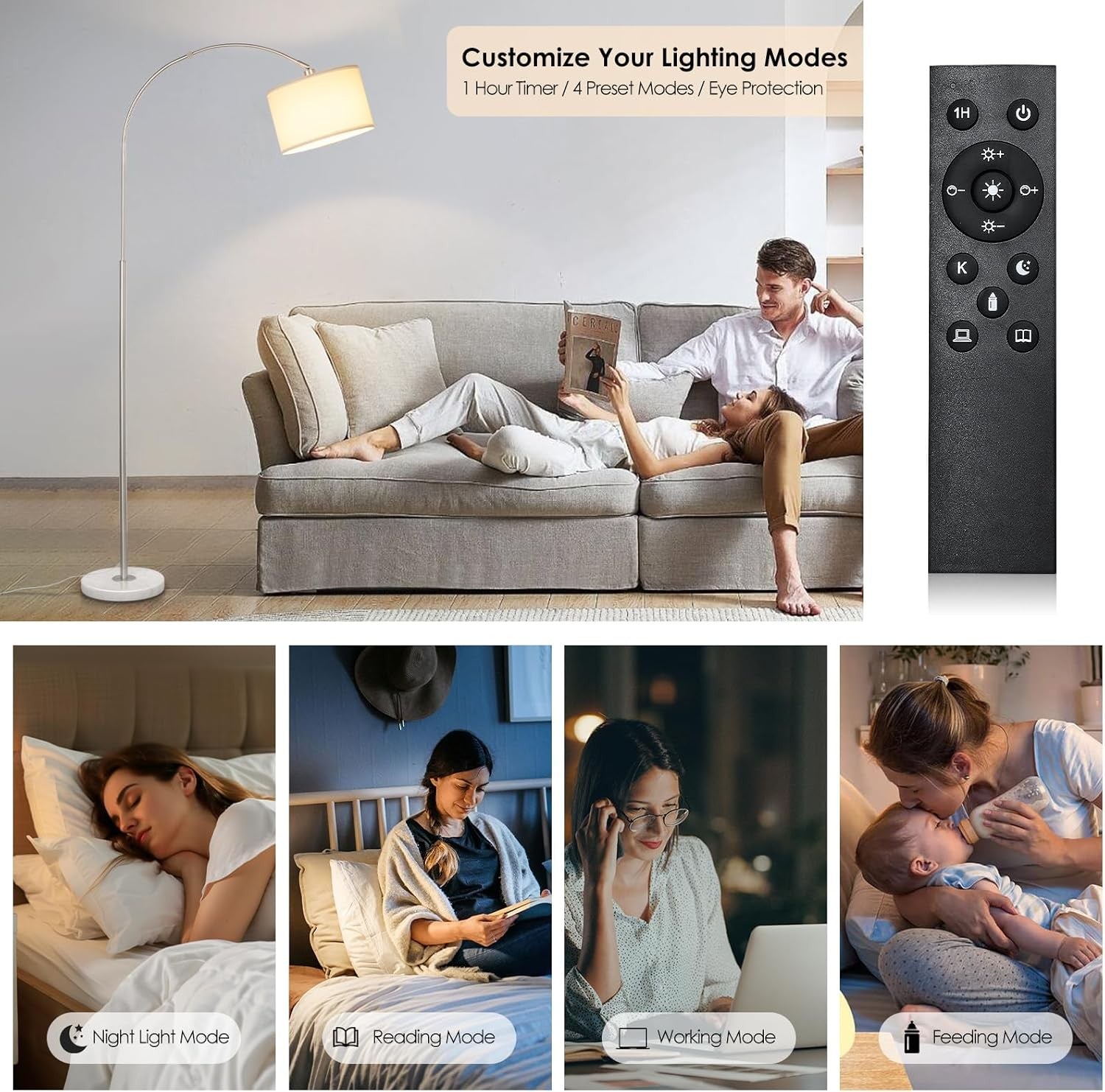 Arc Floor Lamp Silver Remote Dimmable LED Tall Living Room Bedroom Light
