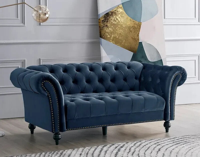 3 Seater Chesterfield Sofa Midnight Blue | Velvet Scroll Arm Nail Trim