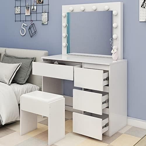 Hollywood Vanity Dressing Table with LED Bulb Mirror & Stool, 5 Drawers