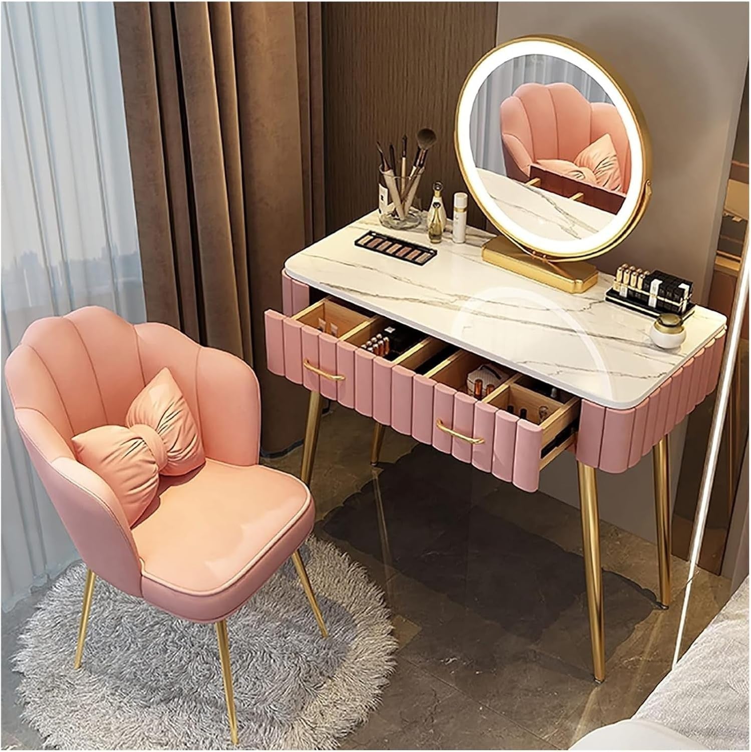 LED Vanity Makeup Dressing Table Desk Orange Mirror 2 Drawers Stool Set