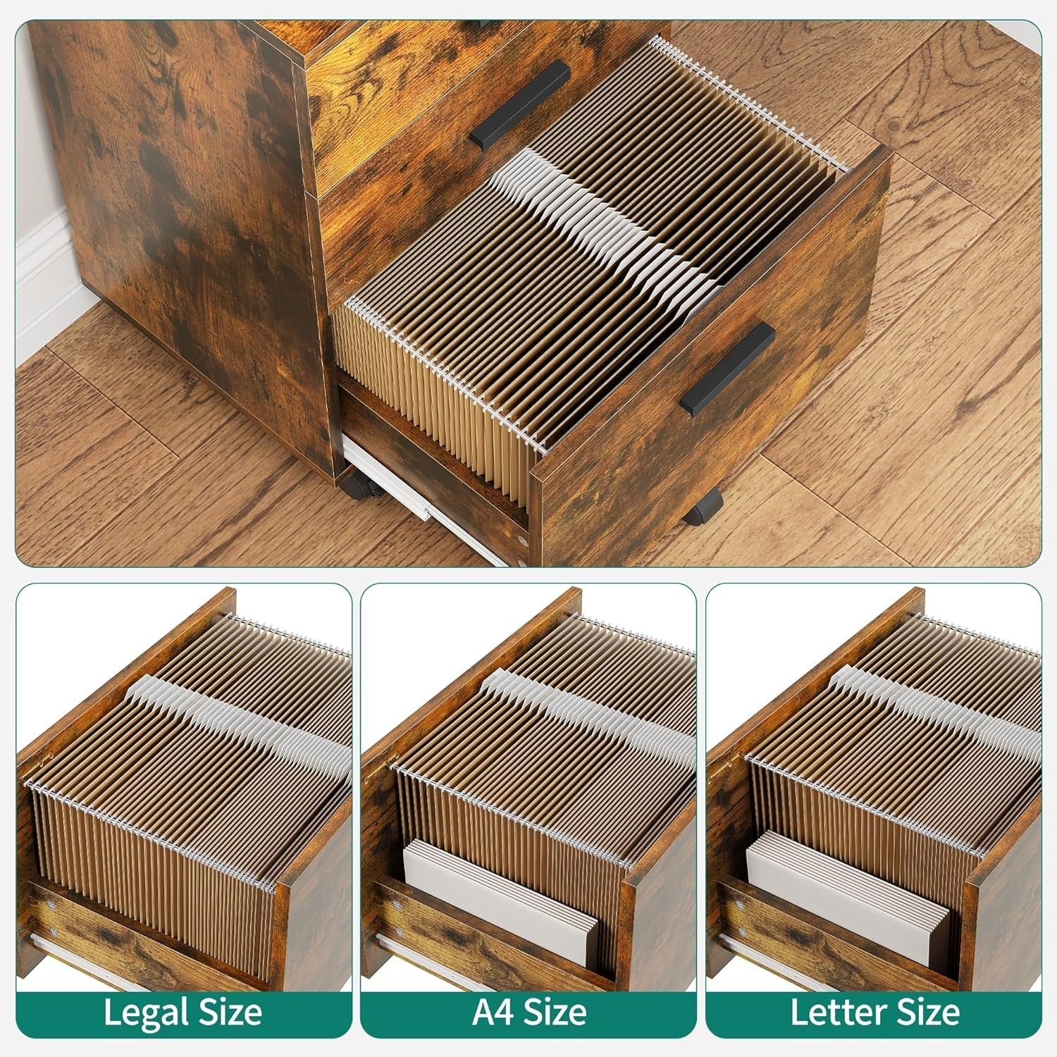 Rustic Mobile Filing Cabinet 3 Drawer Rolling Printer Stand Open Shelf