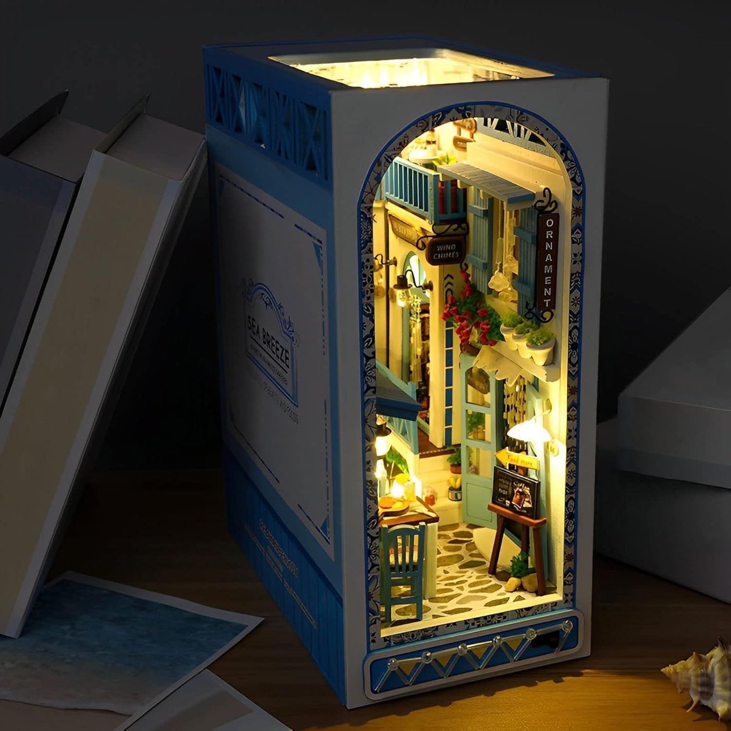DIY Wooden Book Nook Kit with Warm Light – Miniature Bookshelf Insert