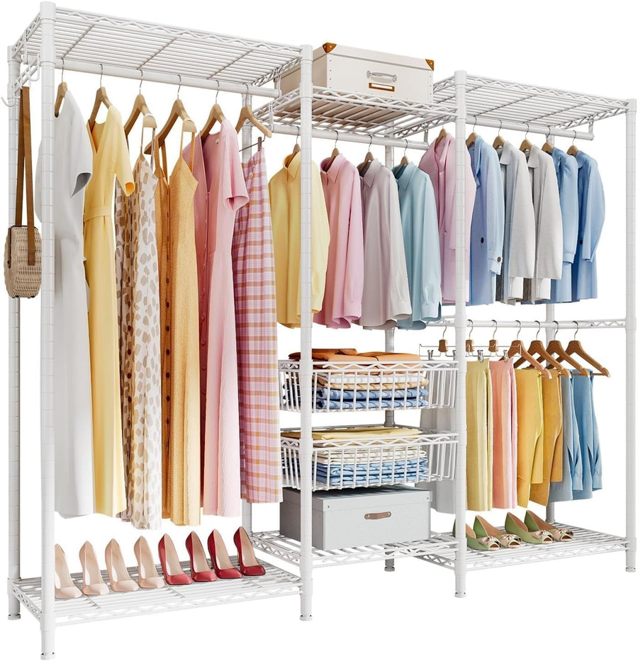 Heavy Duty Clothes Rail White with Shelves & Baskets 320kg