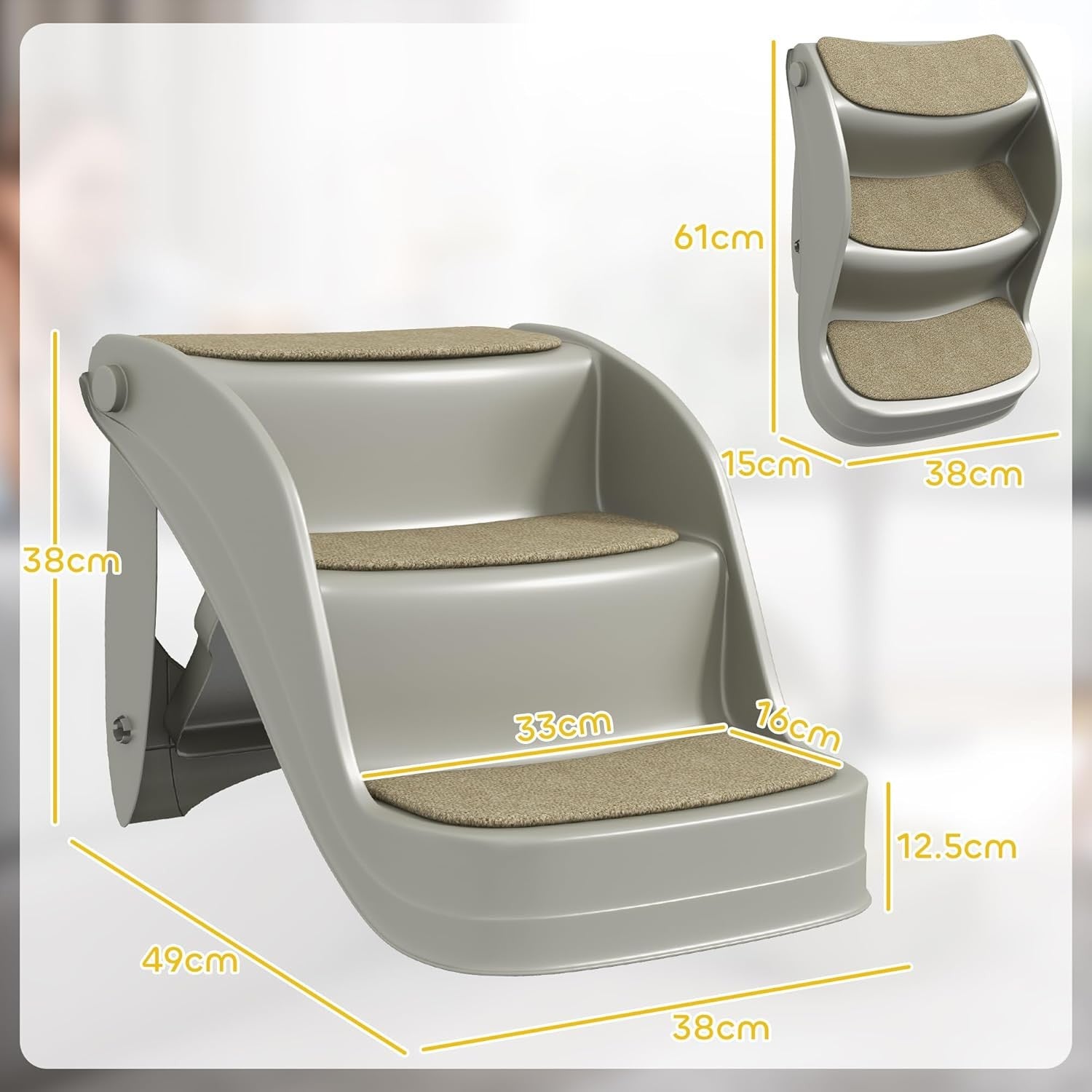 Foldable Dog Steps 3 Tier Pet Stairs Non Slip for Bed Sofa 49x38x38cm