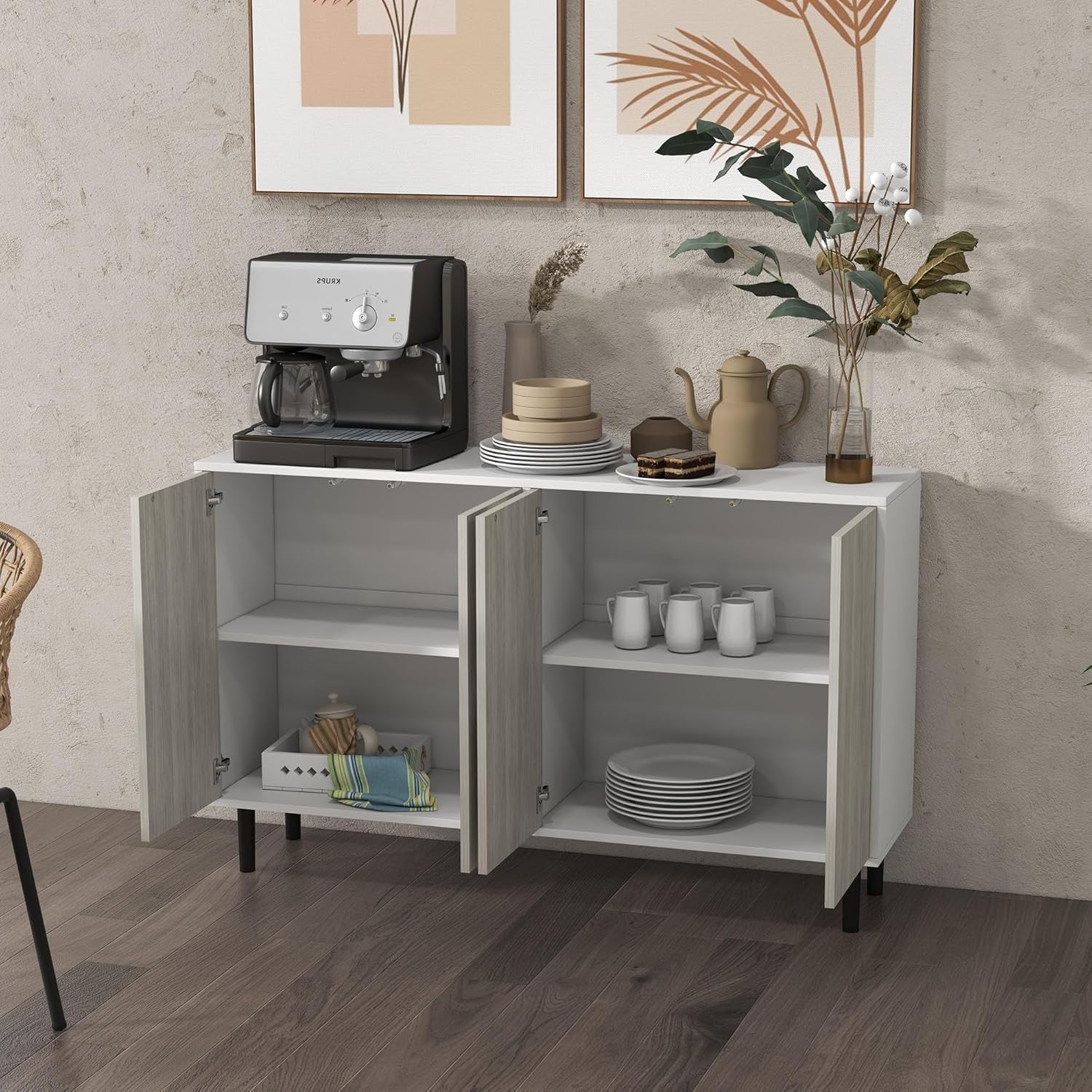 White Modern Sideboard with 4 Doors & Adjustable Shelves – Kitchen Storage