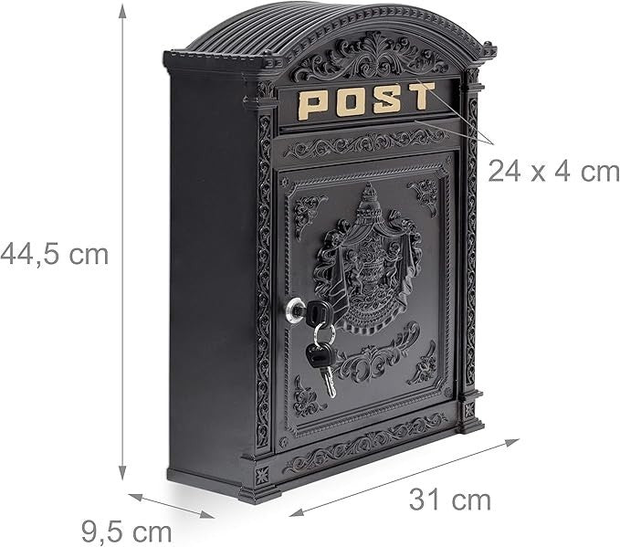 Wall Mounted Antique Mailbox Black Cast Aluminium Lockable A4 Slot Weatherproof