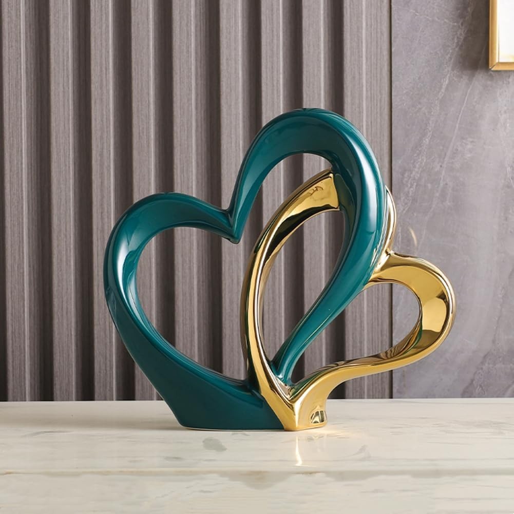 Modern Double Heart Ceramic Sculpture Green Gold Ornament Luxury Home Decor Gift