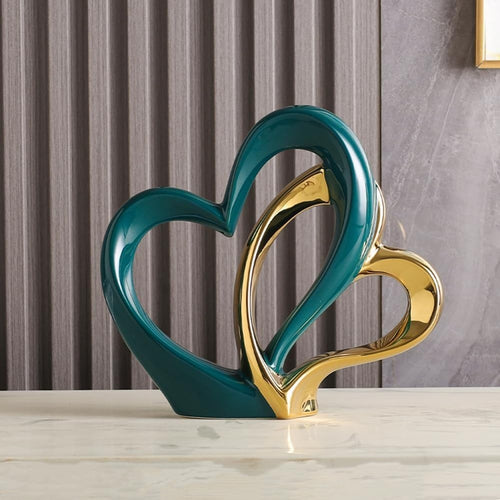 Modern Double Heart Ceramic Sculpture Green Gold Ornament Luxury Home Decor Gift
