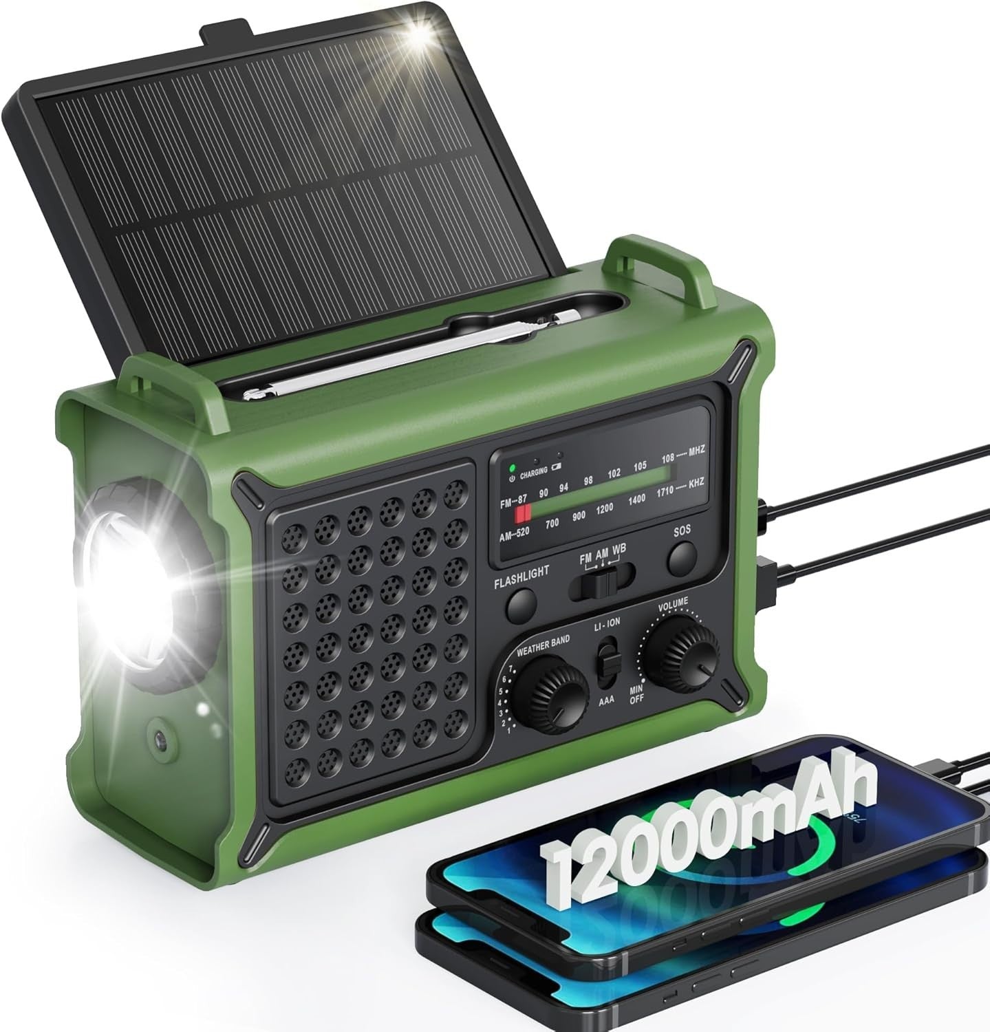 Emergency Solar Weather Radio 12000mAh Hand Crank USB AM/FM/NOAA