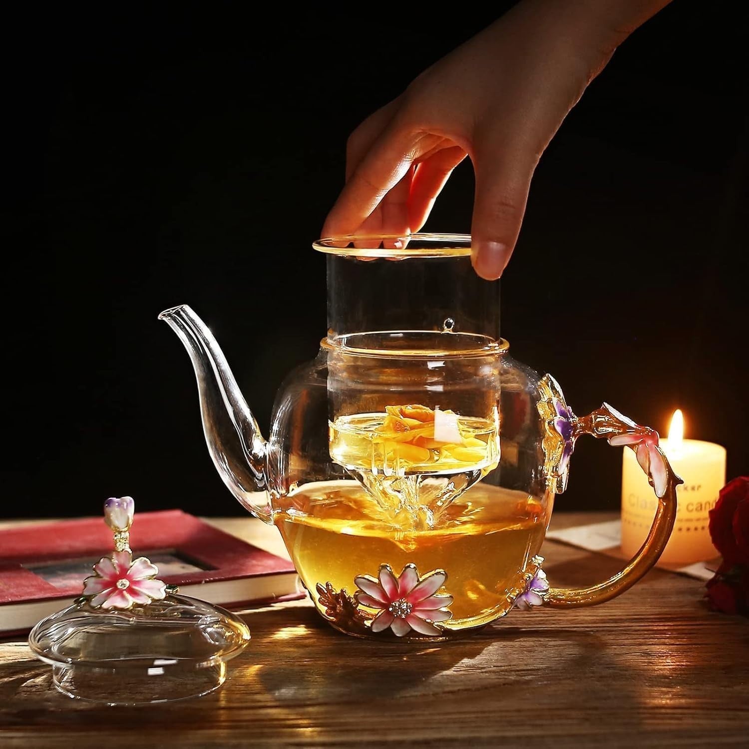 Glass Flower Teapot 35oz Tea Maker with Infuser Floral Gift for Women