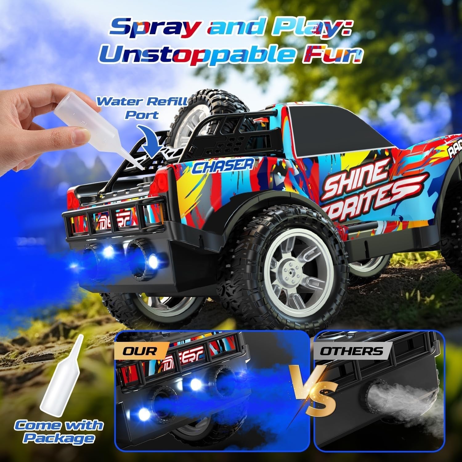 Spray RC Car for Kids 4-8 – LED Lights, Music, Drift & 2 Batteries Included