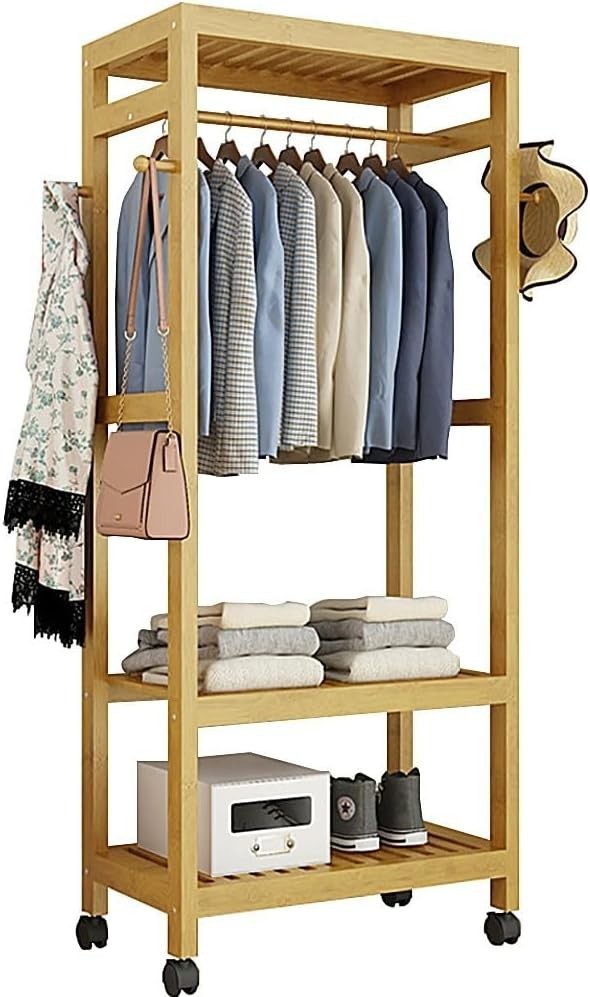 Bamboo Clothes Rack Garment Storage Trolley on Wheels