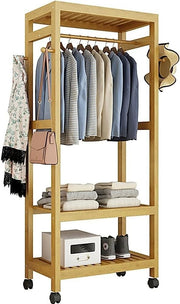 Bamboo Clothes Rack Garment Storage Trolley on Wheels
