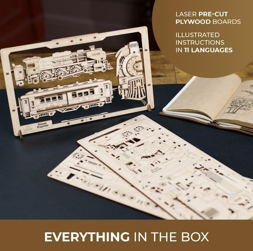 Wooden 3D Steam Train Puzzle Kit with Movable Wheels – DIY Decor