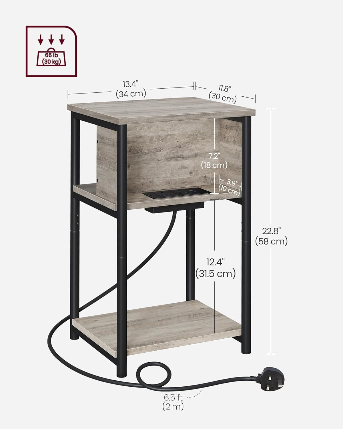 Narrow Side Table with USB & AC Charging Ports, 3-Tier 30x34x58cm Table