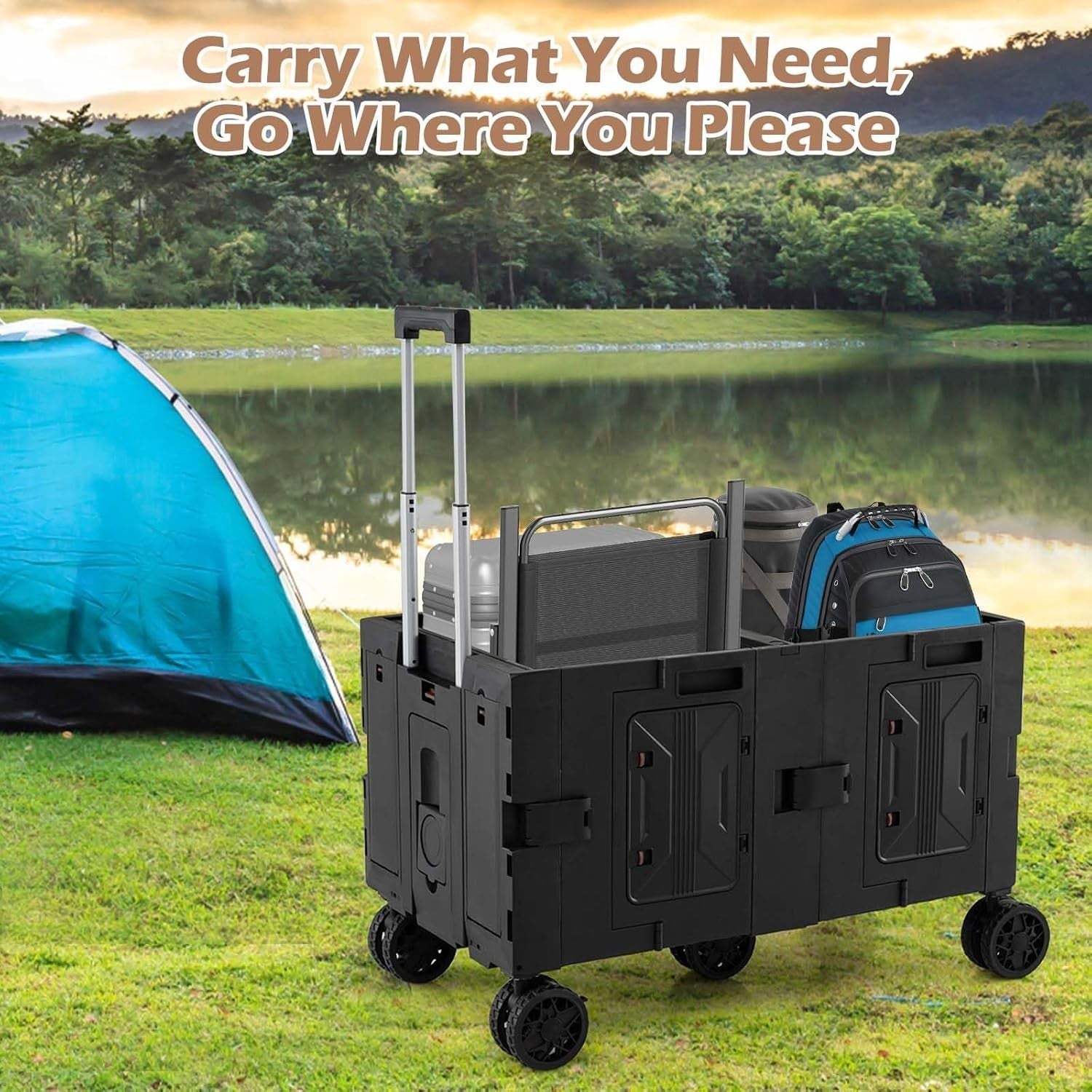 150L Folding Utility Trolley Cart Heavy Duty Wagon 5 Wheels Tabletop Black