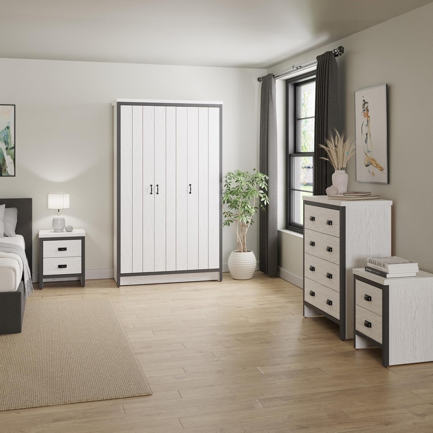 Pair of White 2 Drawer Bedside Tables | Modern Wooden Nightstands with Shelf